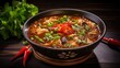 Chinese Style Hot and Sour Soup with Spicy Chili Pepper and Delicious Asian Cookery Cuisine