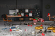Interior of messy office with workplace after New Year party