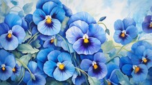 Illustration Of Vibrant Blue Pansies In Full Bloom.