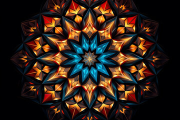 Wall Mural - A 3D arrangement of intricate geometric patterns in vibrant shades of red, blue, and yellow, creating a mesmerizing kaleidoscope against a midnight black background.