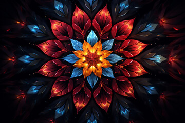 Wall Mural - A 3D arrangement of intricate geometric patterns in vibrant shades of red, blue, and yellow, creating a mesmerizing kaleidoscope against a midnight black background.