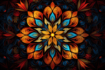 Wall Mural - A 3D arrangement of intricate geometric patterns in vibrant shades of red, blue, and yellow, creating a mesmerizing kaleidoscope against a midnight black background.