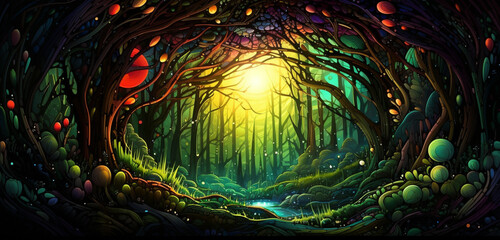 Wall Mural - A captivating 3D mosaic showcasing a burst of colors and intricate patterns on a lush forest green background.