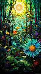 Wall Mural - A captivating 3D mosaic showcasing a burst of colors and intricate patterns, resized to a 916 aspect ratio against a lush forest green background.