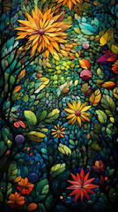 Wall Mural - A captivating 3D mosaic showcasing a burst of colors and intricate patterns, resized to a 916 aspect ratio against a lush forest green background.