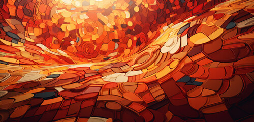 Wall Mural - A complex 3D colorful mosaic arrangement with a symphony of colors and shapes on a backdrop of fiery orange tones.