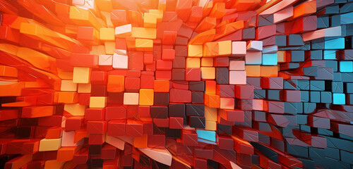 Wall Mural - A complex 3D colorful mosaic arrangement with a symphony of colors and shapes on a backdrop of fiery orange tones.