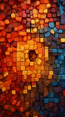 Wall Mural - A complex 3D colorful mosaic arrangement with a symphony of colors and shapes, adjusted to a 916 aspect ratio against a backdrop of fiery orange tones.