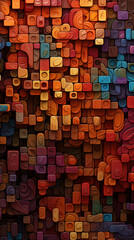 Wall Mural - A complex 3D colorful mosaic arrangement with a symphony of colors and shapes, adjusted to a 916 aspect ratio against a backdrop of fiery orange tones.
