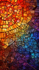 Wall Mural - A complex 3D colorful mosaic arrangement with a symphony of colors and shapes, adjusted to a 916 aspect ratio against a backdrop of fiery orange tones.