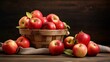 © kept - Ripe apples arranged in a wooden basket on a rustic table.