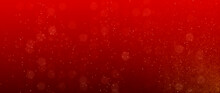Banner Gold Particles Abstract Background With Bokeh On Red Background. Futuristic Glittering In Space.