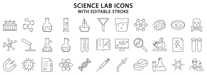 Science lab icons. Science Lab line icons. Science icon set. Laboratory icon set. Vector illustration. Editable stroke.