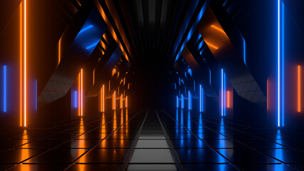 Wall Mural - Sci Fi neon glowing lines in a dark tunnel. Reflections on the floor and ceiling. Empty background in the center. 3d rendering image. Abstract glowing lines. Technology futuristic background.