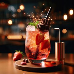 Poster - Fresh strawberry cocktail on the table AI Generative