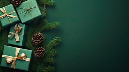 gift boxes with pine branches on green background