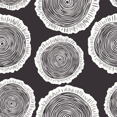 Wall Mural - Vector Seamless Pattern with Tree Rings, Saw Cut Tree Trunk, Wood Log, Cross. Pine, Oak Slices, Lumber. Cut Timber, Wooden Texture with Tree Rings. Hand Drawn Design Element