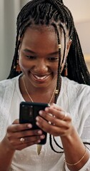 Poster - Woman, laughing or posting on smartphone in house, happy on social network for funny update in living room. Black person, cellphone or digital connection on online media, technology or comic in home