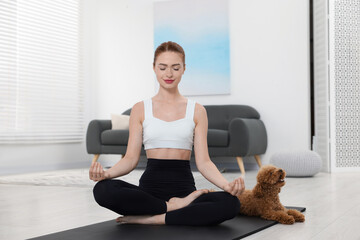 Poster - Young woman practicing yoga on mat with her cute dog at home