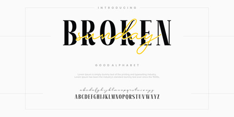 Wall Mural - Broken sunday Abstract Fashion font alphabet. Minimal modern urban fonts for logo, brand etc. Typography typeface uppercase lowercase and number. vector illustration