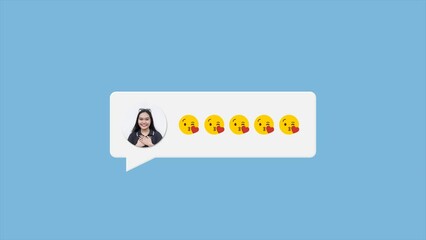 A flirty lady or love interest sends kiss emojis on social media or on a dating app messenger. Chat box concept graphic. Intro pop-out animation.