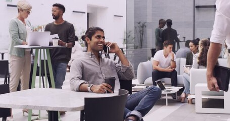 Aufkleber - Business man, phone call and discussion in office, technology and smile for funny conversation. Teamwork, staff and planning or communication by networking, drinking coffee and brainstorming in chat