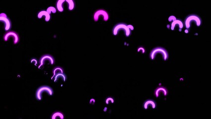 Poster - Neon rings move and vibrate in space. Design. Small neon rings vibrate in dark space. Luminous rings move in space with waves and reflection