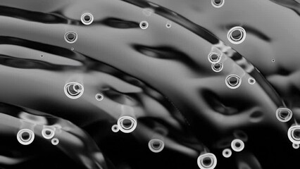 Poster - Top view of drops falling into water surface and diverging circles in slow motion. Design. Bubbles of air or drops and ripples.