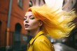 © sandra - city bustling wall brick yellow wind flowing hair bright woman young Beautiful beauty fashion street urban vibrant stylish trendy confident independent modern casual attire lifestyle portrait