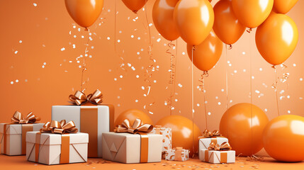 Extravagant party setting with upscale balloons, abundant confetti, and stylish gift boxes against a captivating orange canvas, providing an elegant template for your celebration messages