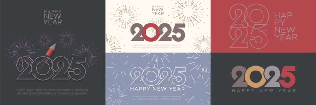 Creative design concept of 2025 new year. Set of 2025 new year design with firework rocket and line concept