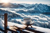 Fototapeta  - A serene winter morning with a teacup placed on a wooden railing, overlooking a snowy landscape and distant mountains