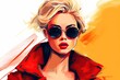 © sandra - illustration Fashion girl Pretty woman bun hair Woman sunglasses girl blond Beautiful sunglasses red co makeup look hand coiffure female people stylish elegant style lady face lip beauty