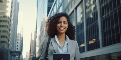 Wall Mural - Portrait of a smiling businesswoman holding tablet computer standing on the outdoor street front of business office building