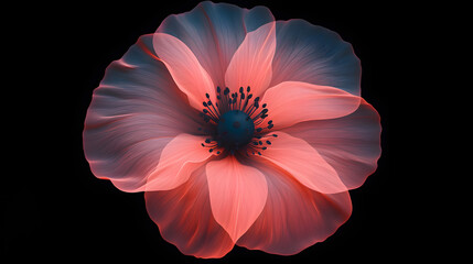 Wall Mural - Stylized white/blue poppy lightly translucent pedals flower on black background. Remembrance Day, Armistice Day, Anzac Day 