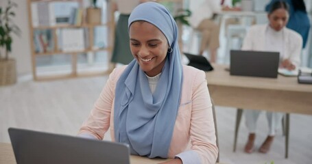 Poster - Business woman, office planning and laptop for online copywriting, social media management and happy internship. Muslim writer in hijab with computer for company email, blog and article brainstorming