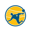Mascot illustration of footvolley player doing a bicycle kick kicking the ball with net set inside circle on isolated white background done in retro style. 