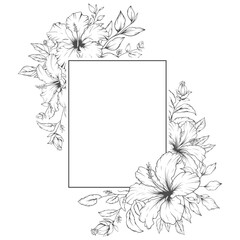 Wall Mural - Elegant floral frame with outline hand drawn hibiscus flowers and leaves