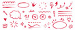 Hand drawn red highlight, text underline, emphasis mark, line shape set. Hand drawn scribble arrow, love heart, speech bubble, crown element. Marker, pen brush stroke. Vector illustration