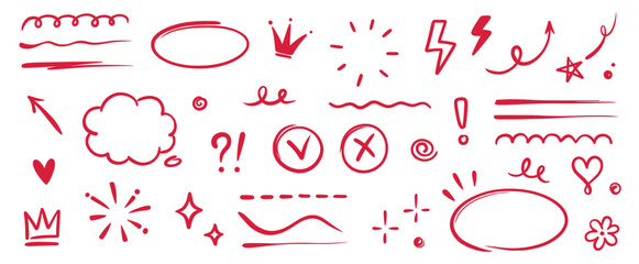Wall Mural - Hand drawn red highlight, text underline, emphasis mark, line shape set. Hand drawn scribble arrow, love heart, speech bubble, crown element. Marker, pen brush stroke. Vector illustration