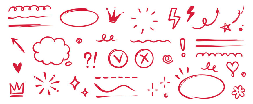 Hand drawn red highlight, text underline, emphasis mark, line shape set. Hand drawn scribble arrow, love heart, speech bubble, crown element. Marker, pen brush stroke. Vector illustration