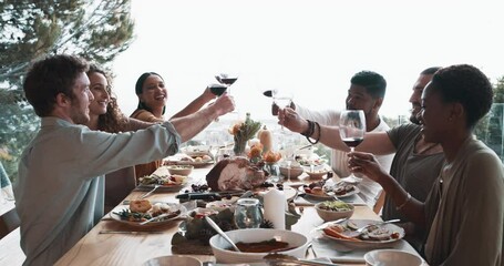 Poster - Friends, wine glass and toast for holiday celebration, Christmas lunch or success at dining room table. Happy people with alcohol, drinks and cheers for reunion or thanksgiving party and food at home