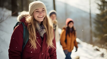 Canvas Print - a pleasant winter hike, happy teenage girls walking along a mountain path snowy. a beautiful forest landscape. generative AI