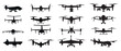 Drone Silhouette Vector Illustration set and equipment of the American military.Black and white vector clip Art.Aerial Surveillance