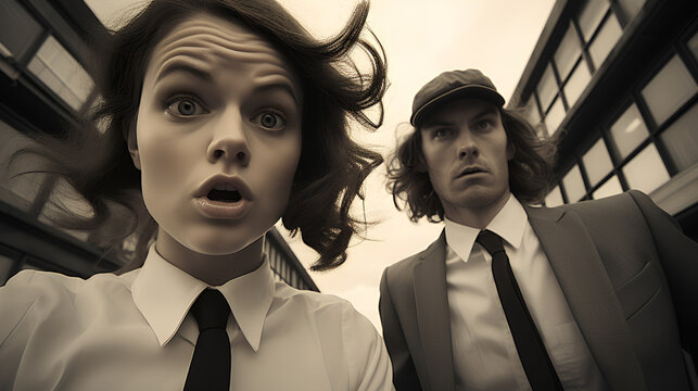 Extreme low angle shot - man and woman - monochrome - rock-n-roll - stylish fashion - black and white - office - business 