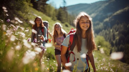 Wall Mural - a pleasant spring hike, happy teenage girls walking along a mountain path colored with wildflowers with friends. A beautiful forest landscape. generative AI