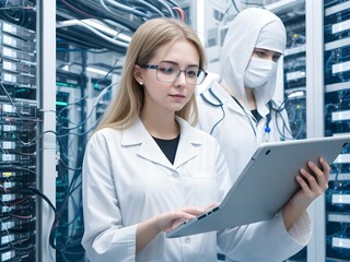 female IT specialist doing inspection in technology server data center room