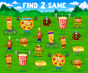Aufkleber - Find two same cartoon fast food characters on sport vacation. Objects finding kids game vector worksheet with burrito, pizza, donut and popcorn, burger, cake funny personages doing fitness exercises