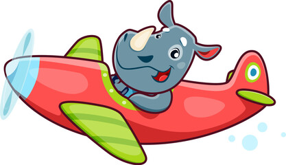 Cartoon rhino baby animal character on plane. Adorable african rhino kid flying on vintage aircraft, funny animal child pilot sitting in propeller plane, traveling on old airplane vector personage