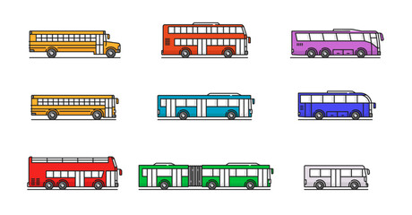 City, travel and school bus color line icons. Urban and public transport, city passenger transportation outline vector pictogram with doubledecker, airport transfer and tourism travel, articulated bus